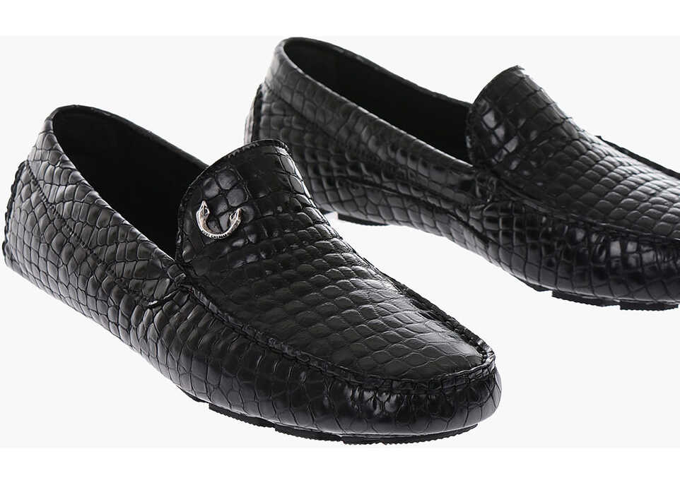 Just Cavalli Crocodile Printed Leather Loafers Black b-mall.ro