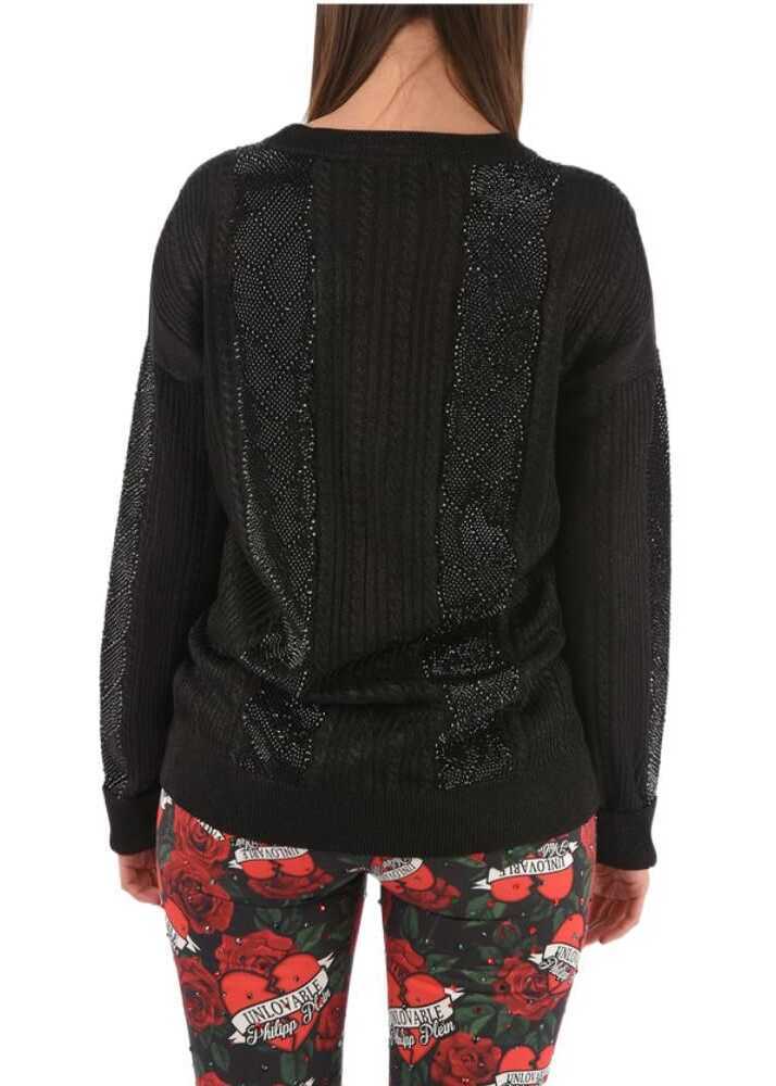 Pulovere casual Philipp Plein Couture Lurex Ls Cable Knit Sweat With Crystal Black Femei (BM 8745783) 2