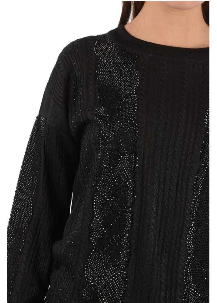 Pulovere casual Philipp Plein Couture Lurex Ls Cable Knit Sweat With Crystal Black Femei (BM 8745783) 3
