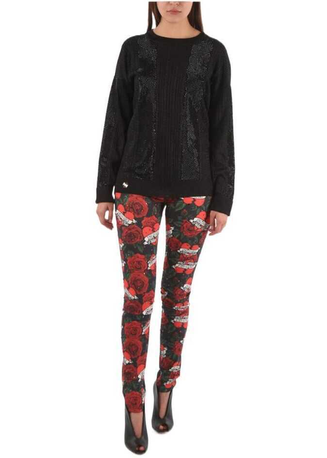 Pulovere casual Philipp Plein Couture Lurex Ls Cable Knit Sweat With Crystal Black Femei (BM 8745783) 4