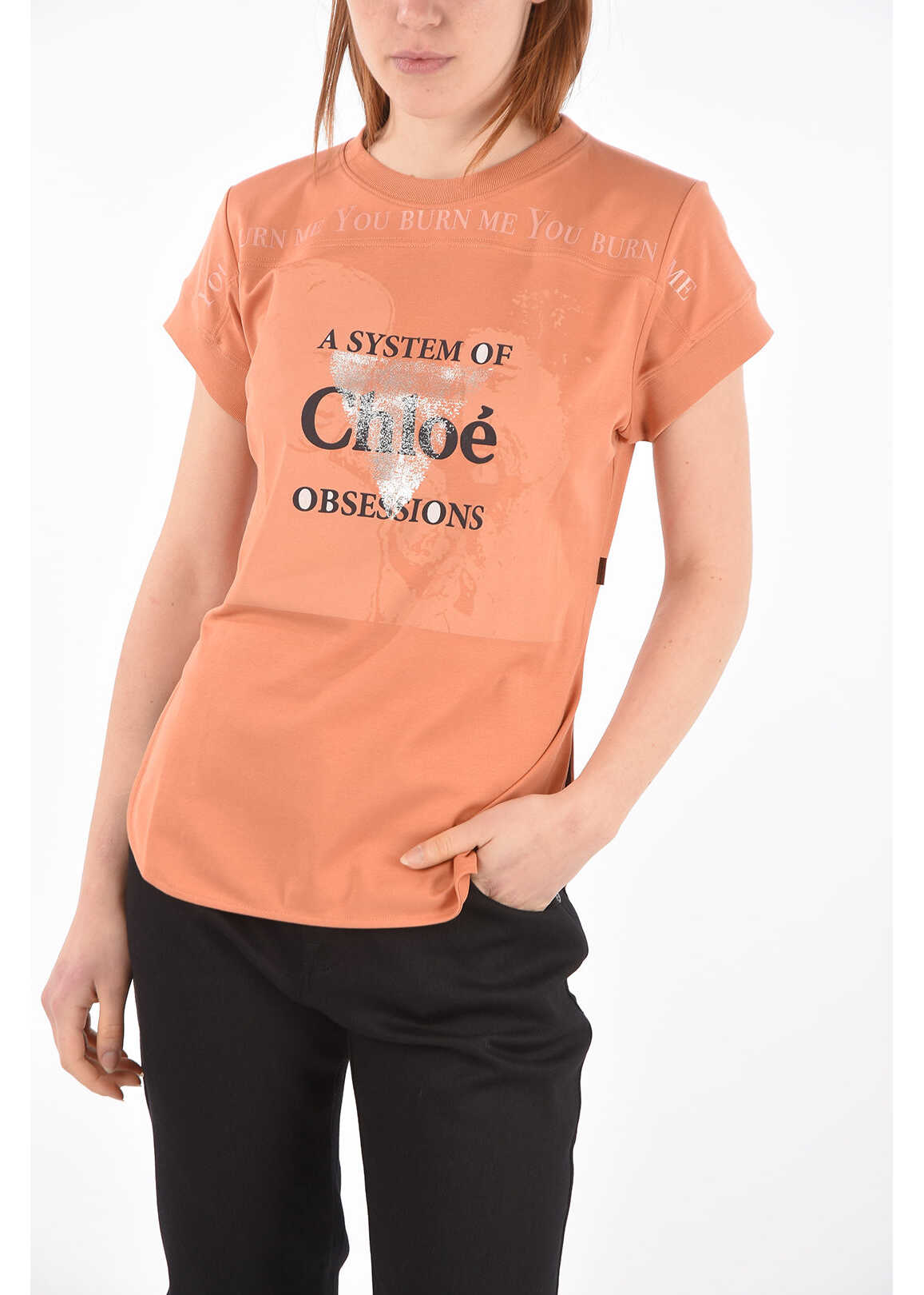 Chloe Crew Neck Printed T-Shirt With Side Splits Orange