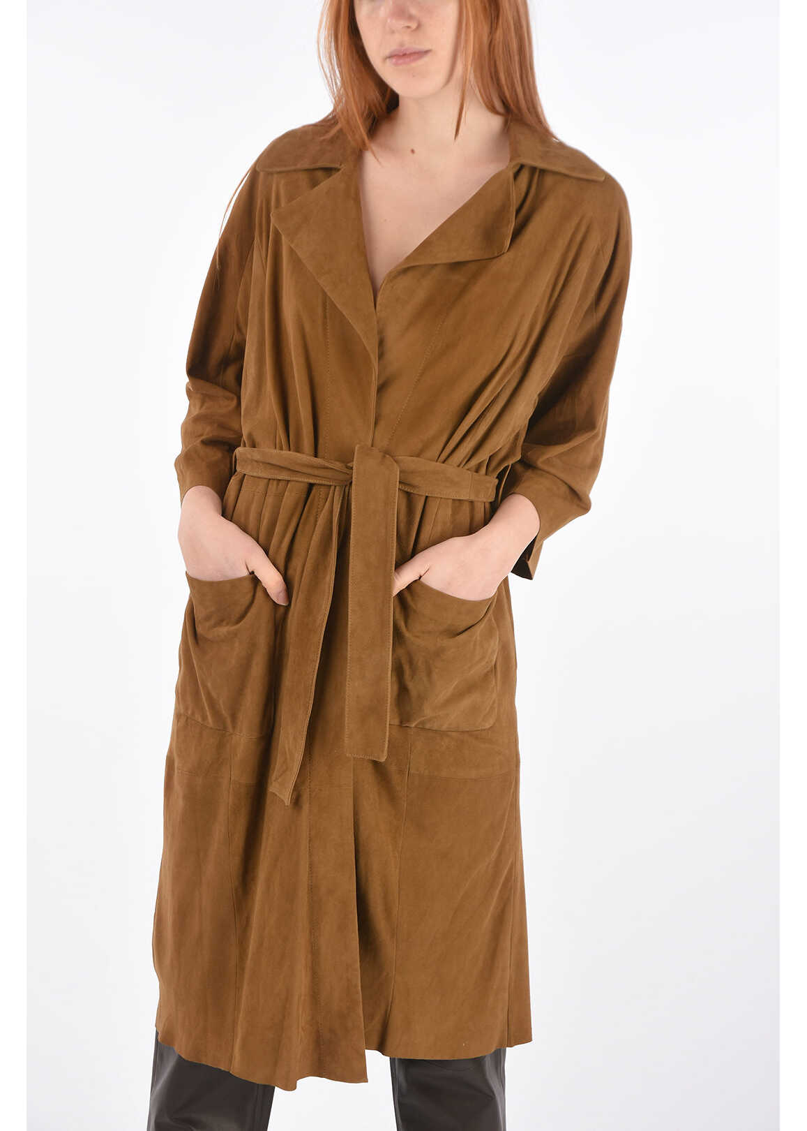 DROME 3/4-Sleeved Suede Overcoat With Belt Brown image16