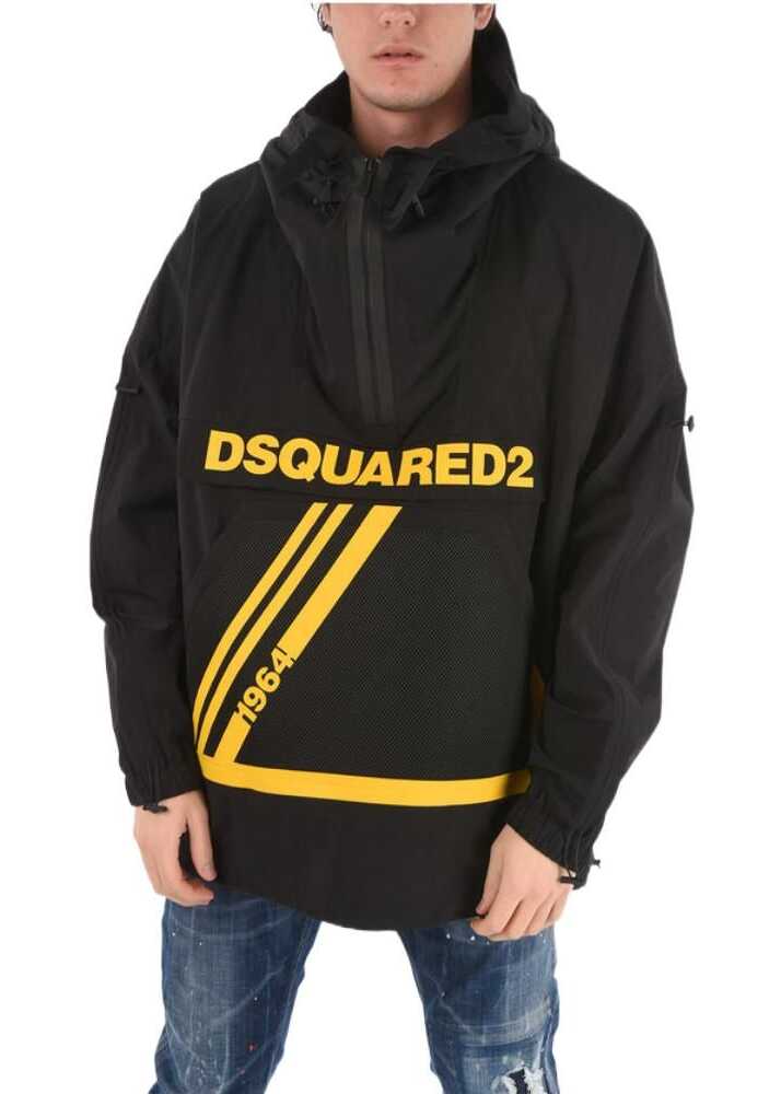 DSQUARED2 Printed Front Maxi Pocket Windbreaker With Drawstring Black