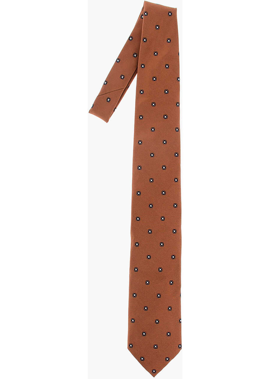 Ermenegildo Zegna Ez Luxury Silk Tie With Geometric Embroidery Orange