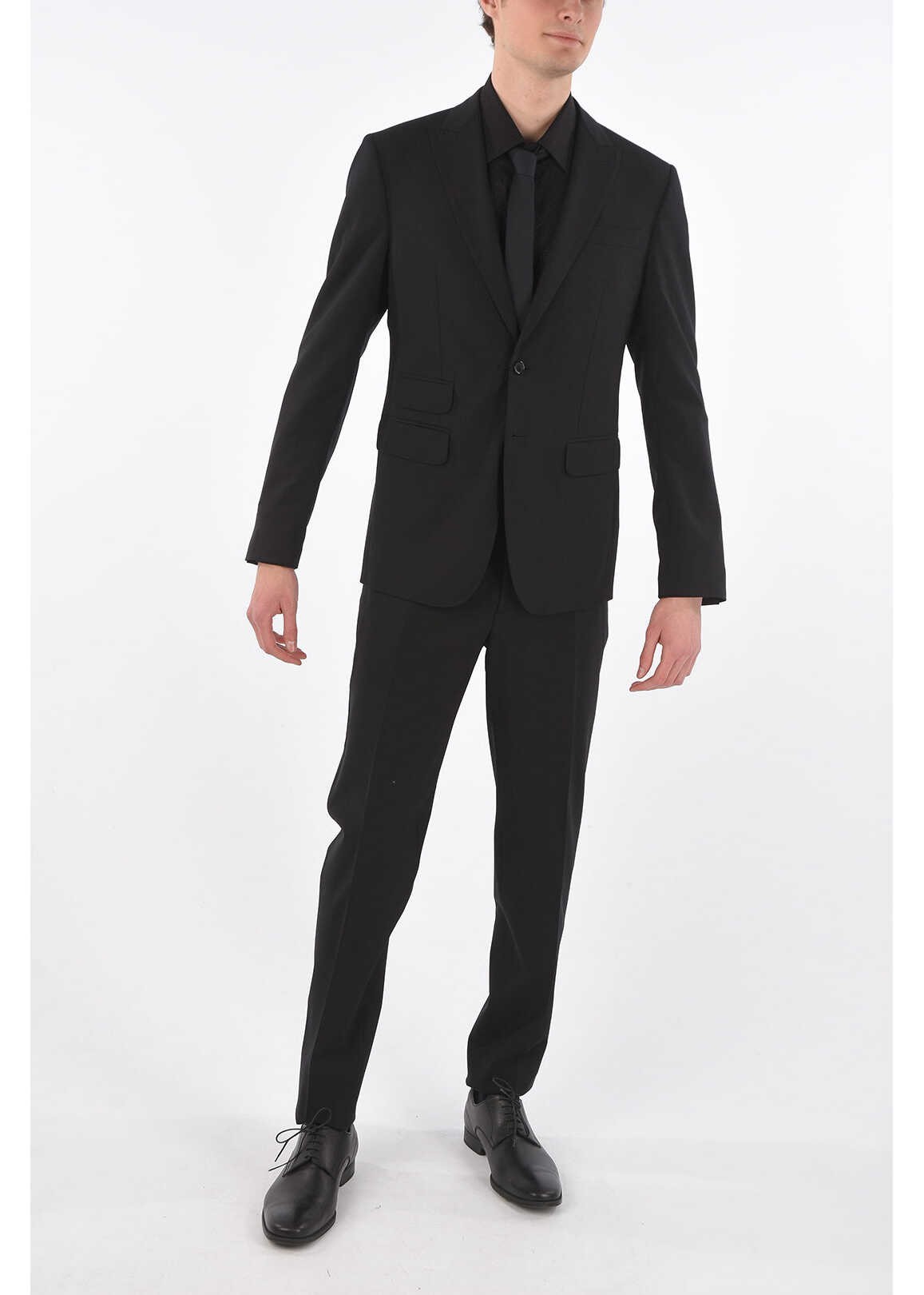 DSQUARED2 Virgin Wool Side Vents Peak Lapel 2-Button London Suit Black