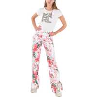 Pantaloni Philipp Plein Dama - Pantaloni casual Philipp Plein Couture Floral-Printed Jogging Pants With Side Band Rhinesto White Femei (BM 8763039) - B-mall.ro