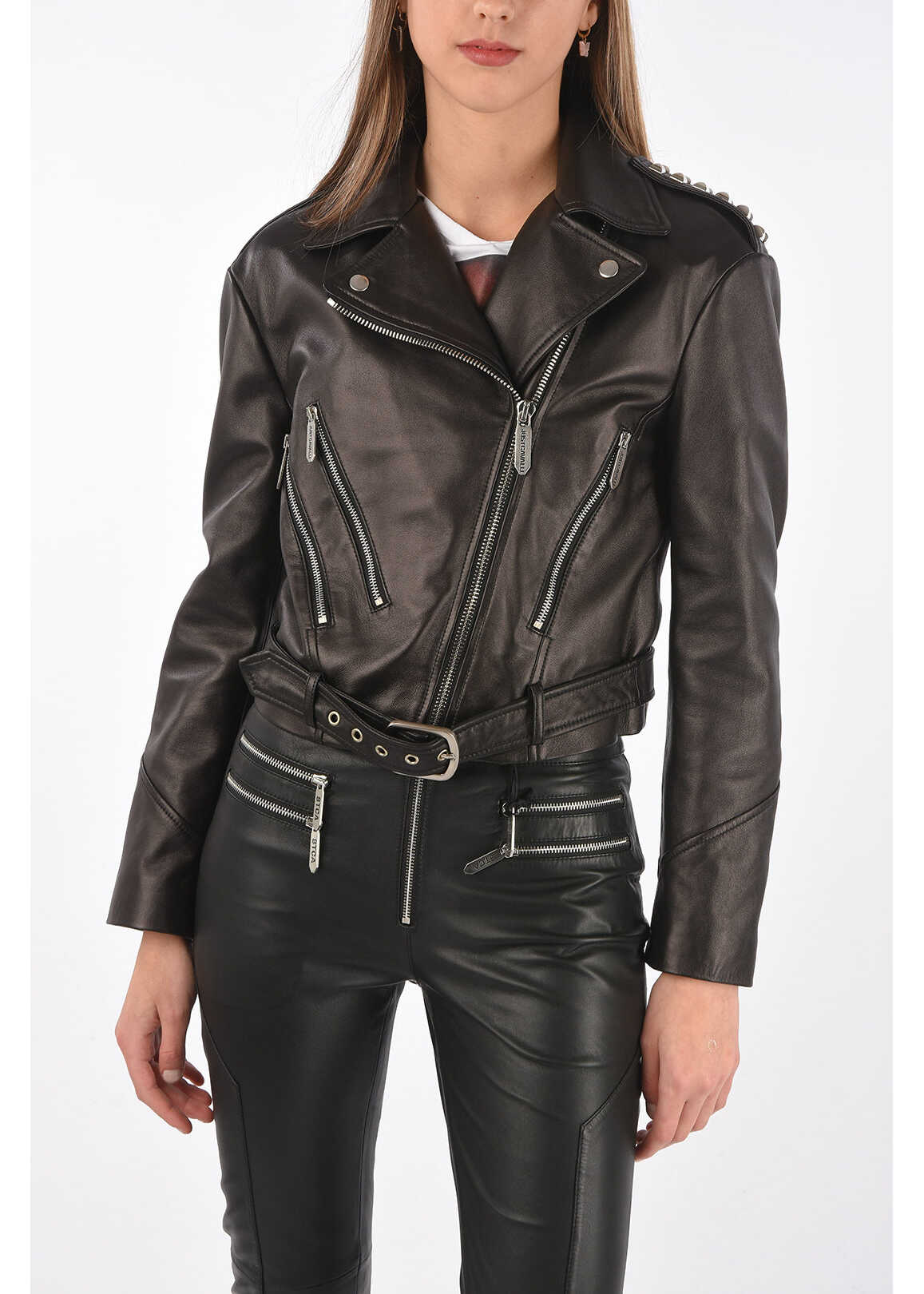 Just Cavalli Multipocket Leather Biker Jacket With Studs Black