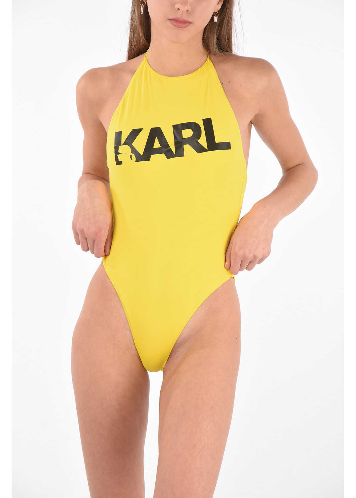 Karl Lagerfeld Printed Logo Halterneck One Piece Swimsuit Yellow