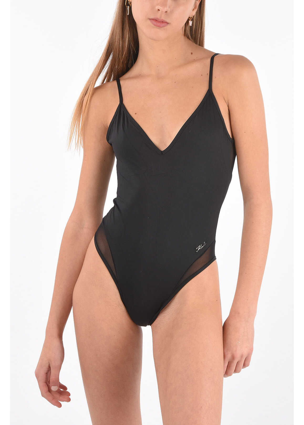 Karl Lagerfeld All Over Logo One Piece Swimsuit With V-Shape Backline Black