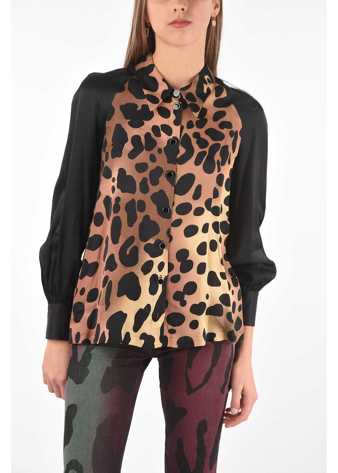 Just Cavalli Solid Color Sleeve Leopard Patterned Shirt With Standard Col Black