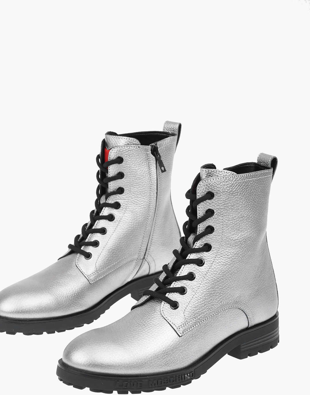 Moschino Love Glistening Textured Leather Combat Boots Silver