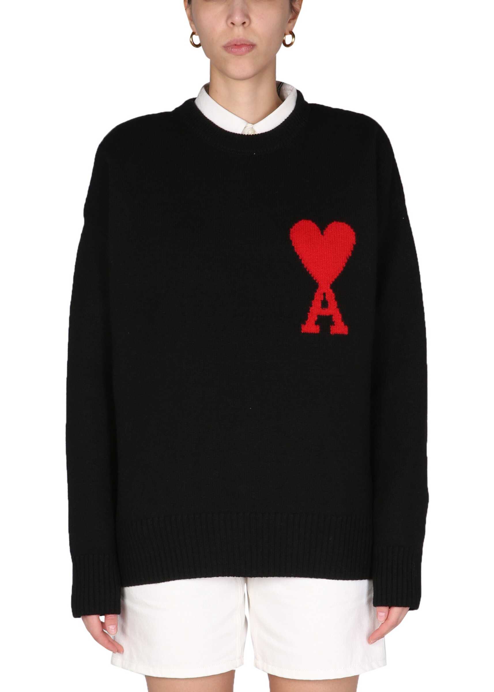 AMI Paris Crew Neck Sweater With Embroidered Logo UKS002_018009 BLACK