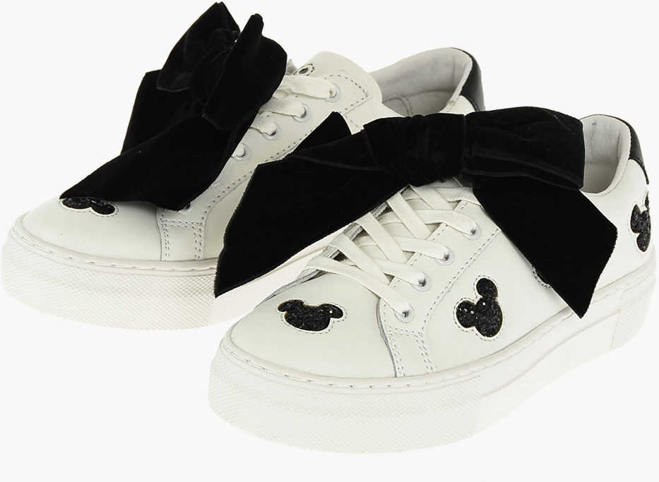 MoA Disney Leather Low-Top Sneakers With Velvet Bow Black & White