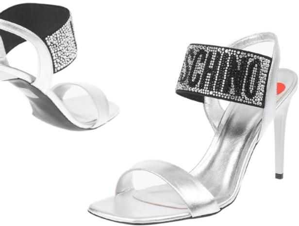 Moschino Love Laminated Leather Stiletto Heel Sandals With Rhinestone Black b-mall.ro