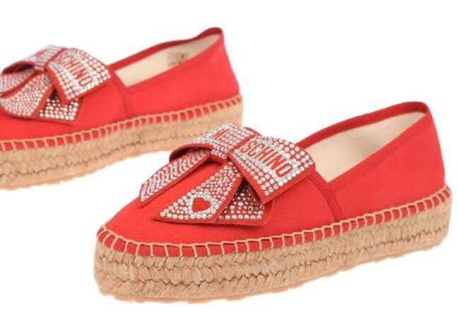 Moschino Love Canvas Platform Espadrilles With Strass Logo Bow 4Cm Red b-mall.ro