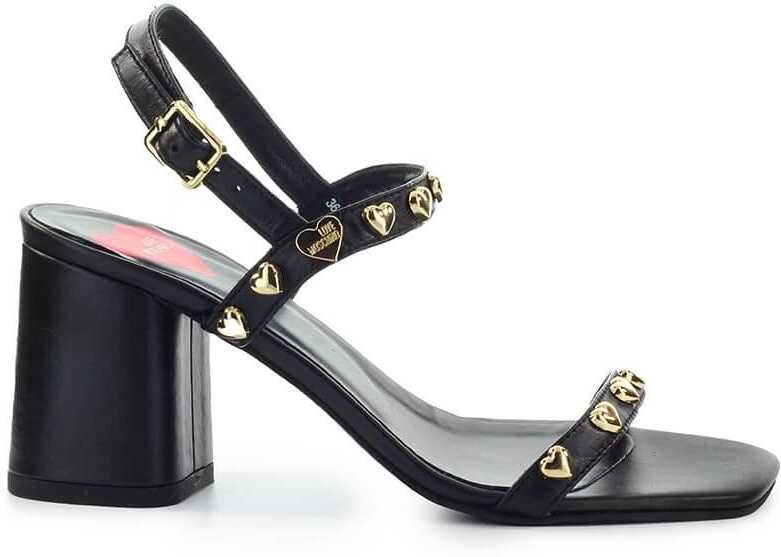 Moschino Love Leather Chunky Heeled Sandals With Heart Studs 7Cm Black