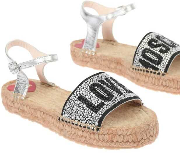 Moschino Love Laminated Leather Ankle Strap Sandals With Rhinestoned Silver