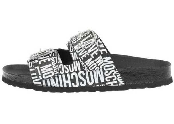 Papuci Moschino Love Slides Sandals Birki130 With Logoed Buckles Black & White Femei (BM 8783952) 3