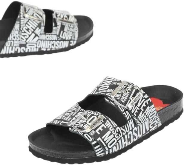 Poze Moschino Love Slides Sandals Birki130 With Logoed Buckles Black & White