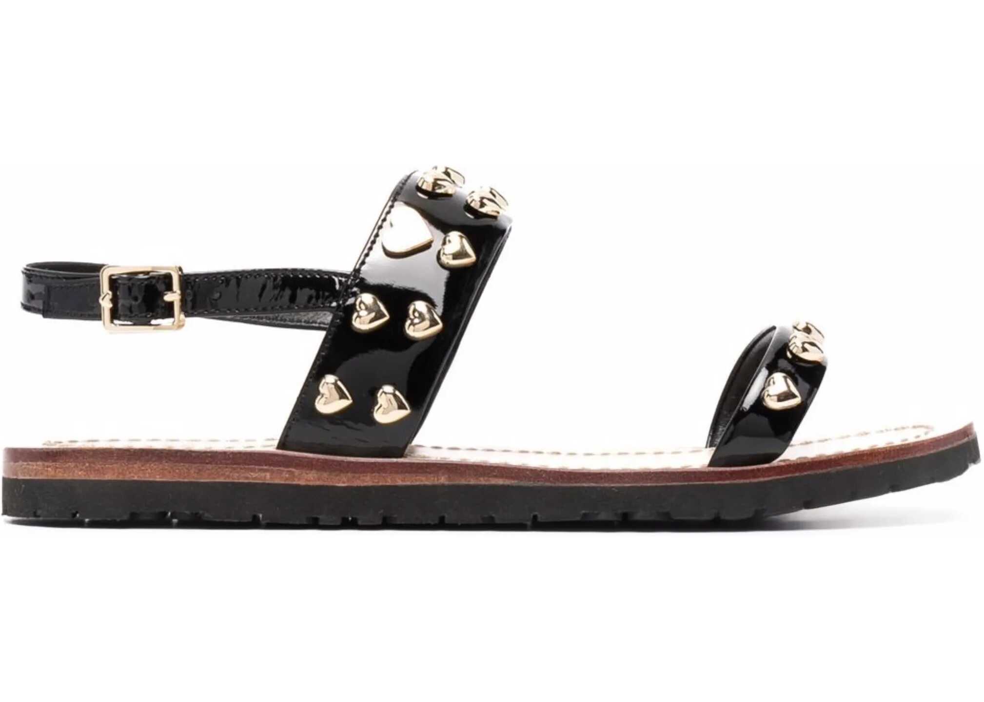 Moschino Love Patent Leather Flat Sandals With Heart Studs Black