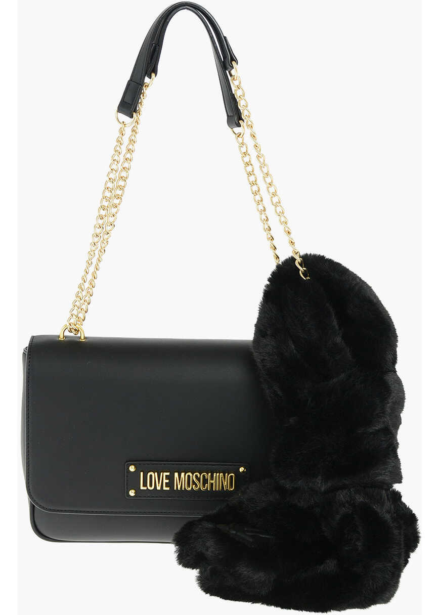 Moschino Love Faux Leather Shoulder Bag With Faux Fur Applied Black