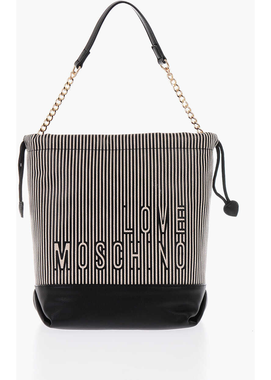 Moschino Love Striped Faux Leather Bucket Bag Black & White b-mall.ro