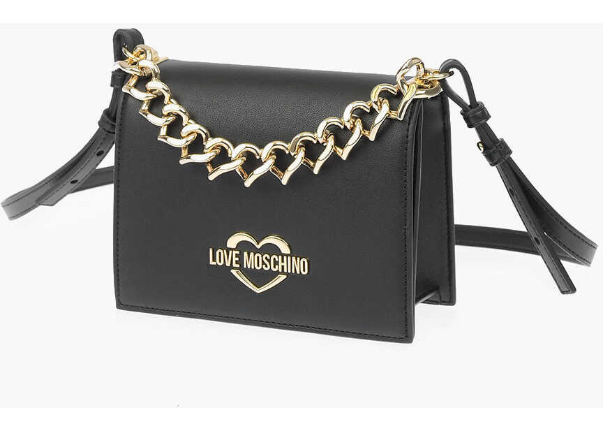 Moschino Love Faux Leather Crossbody Bag With Golden Chain Black b-mall.ro