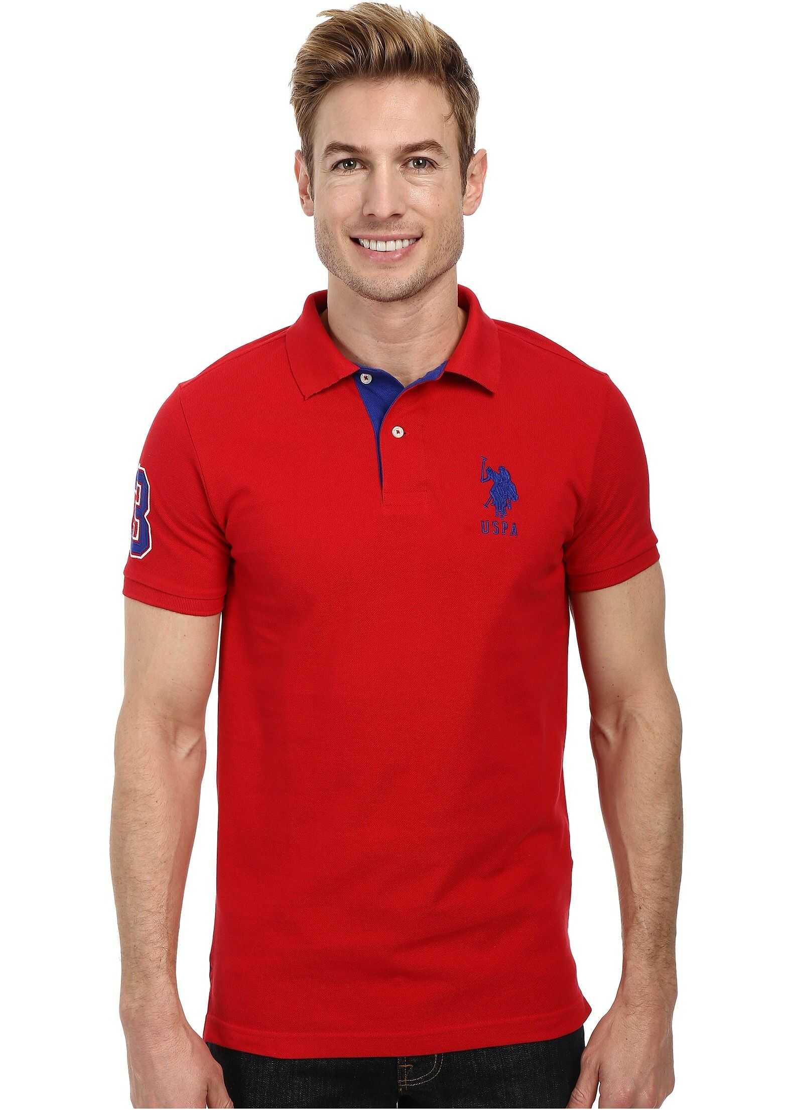 Tricou U.S. POLO ASSN. Slim Fit Big Horse Polo w/ Stripe Collar Engine Red/International Blue