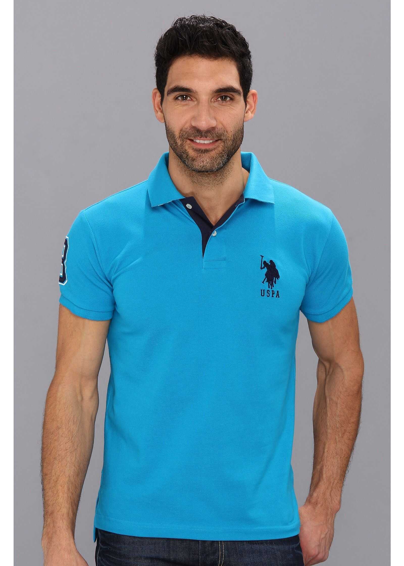 U.S. POLO ASSN. Slim Fit Big Horse Polo w/ Stripe Collar Teal Blue