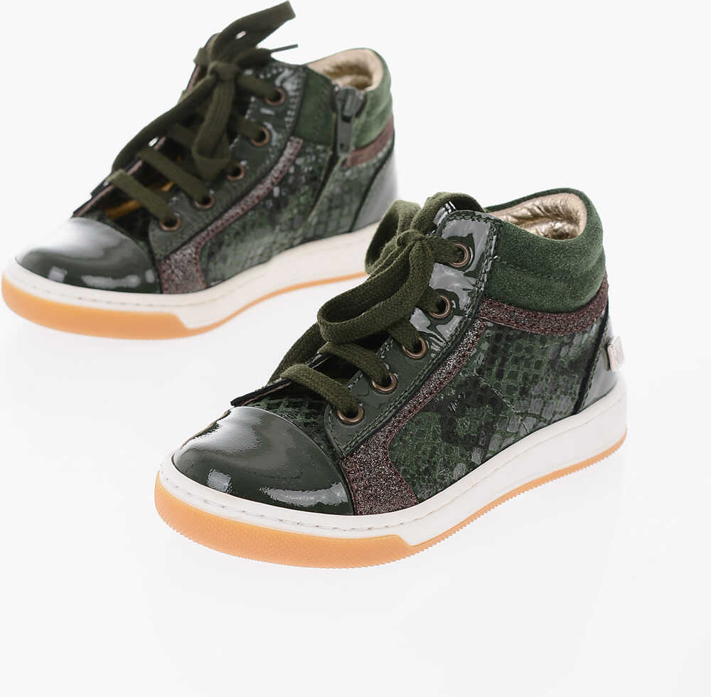 Monnalisa Python Effect Patent Leather High Top Sneakers With Side Zip Green