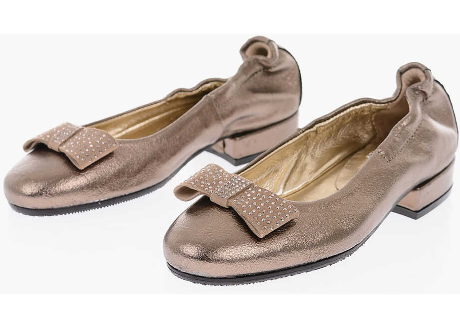 Monnalisa Laminated Leather Ballet Flat With Bow Gold