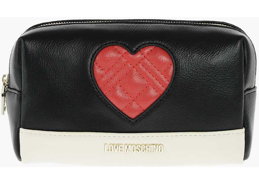Moschino Love Faux Leather Cosmetic Case With Zip Closure Black b-mall.ro