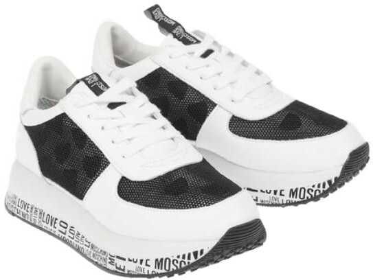 Moschino Love Leather Sneakers With Mesh Details And All Over Logo So Black & White