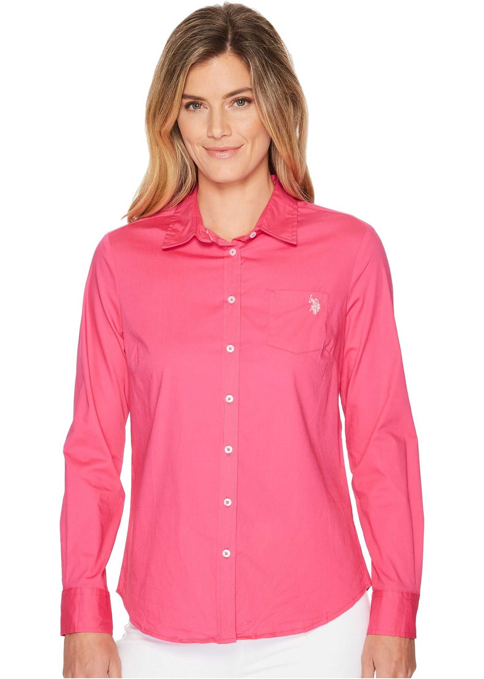 Camasa U.S. POLO ASSN. Solid Single Pocket Long Sleeve Shirt Magenta
