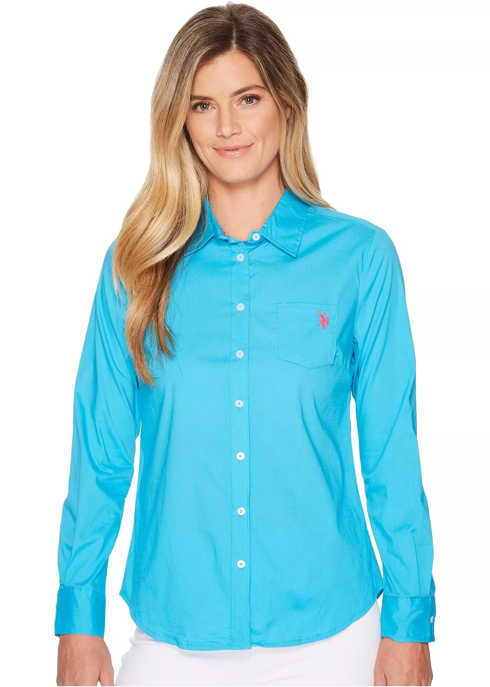 Camasa U.S. POLO ASSN. Solid Single Pocket Long Sleeve Shirt Surf Blue