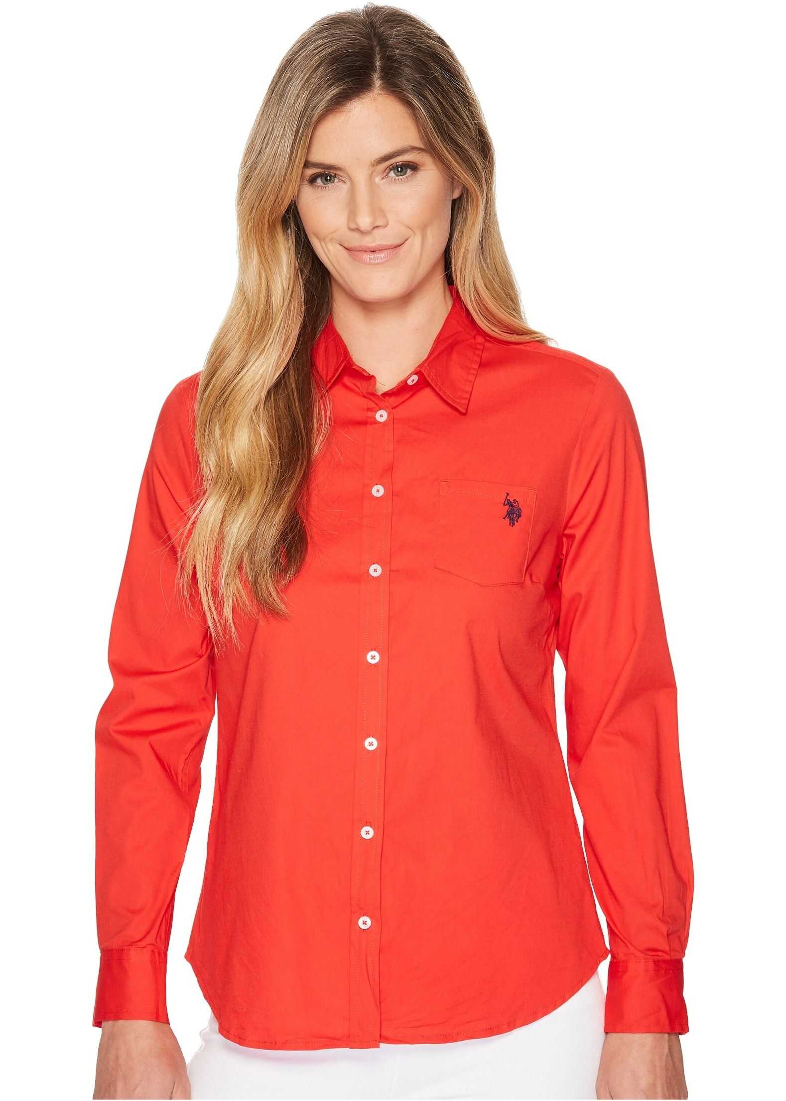 Camasa U.S. POLO ASSN. Solid Single Pocket Long Sleeve Shirt Tomato