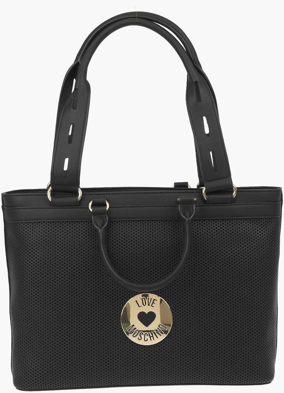 Moschino Love Perforated Faux Leather Tote Bag Black b-mall.ro