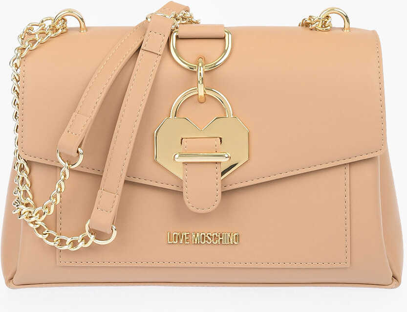 Moschino Love Faux Leather Bag With Chain Shoulder Strap Beige b-mall.ro