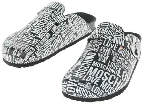 Moschino Love Moschino All Over Printed Logo Two-Tone Birki30 Sandals Black & White