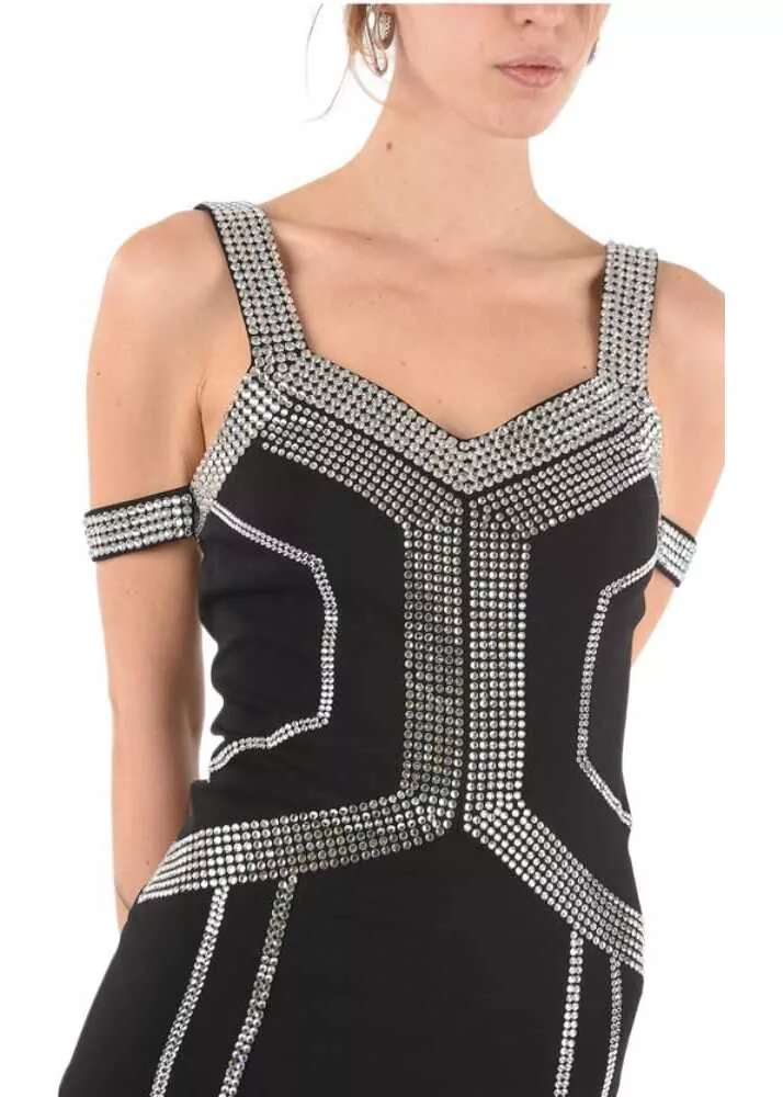 Rochii scurte Philipp Plein Cold Shoulder Mini Dress With Jewel Applications Black Femei (BM 8896914) 3