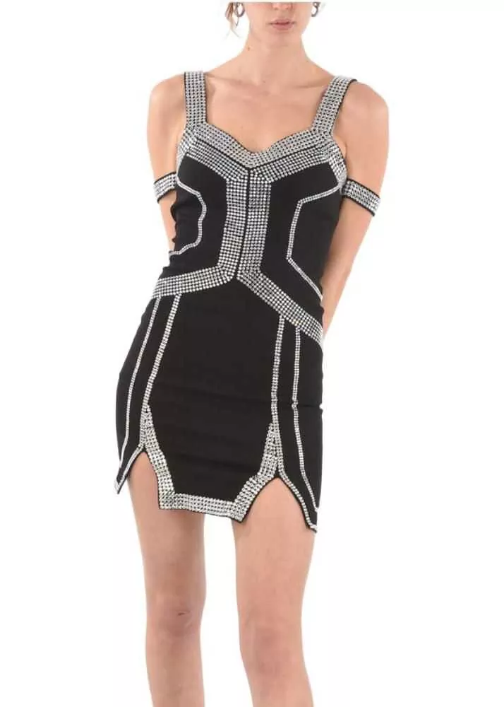 Rochii scurte Philipp Plein Cold Shoulder Mini Dress With Jewel Applications Black Femei (BM 8896914) 4