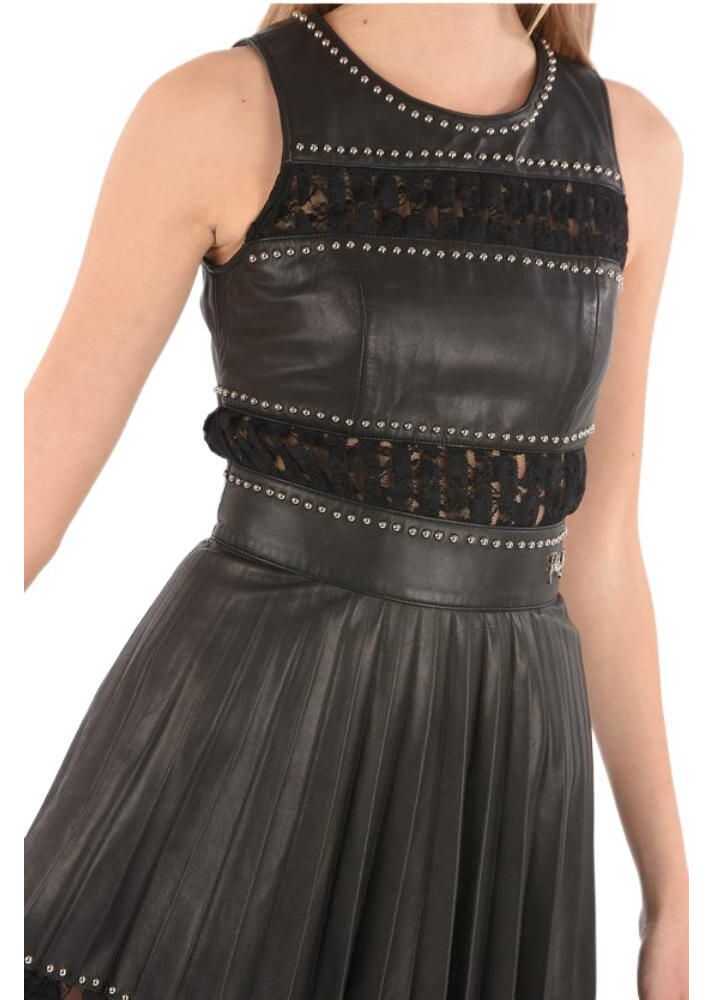 Rochii de zi Philipp Plein Couture Est.1978 Lace Detail Lace Studded Leather Dress With Black Femei (BM 8905595) 3