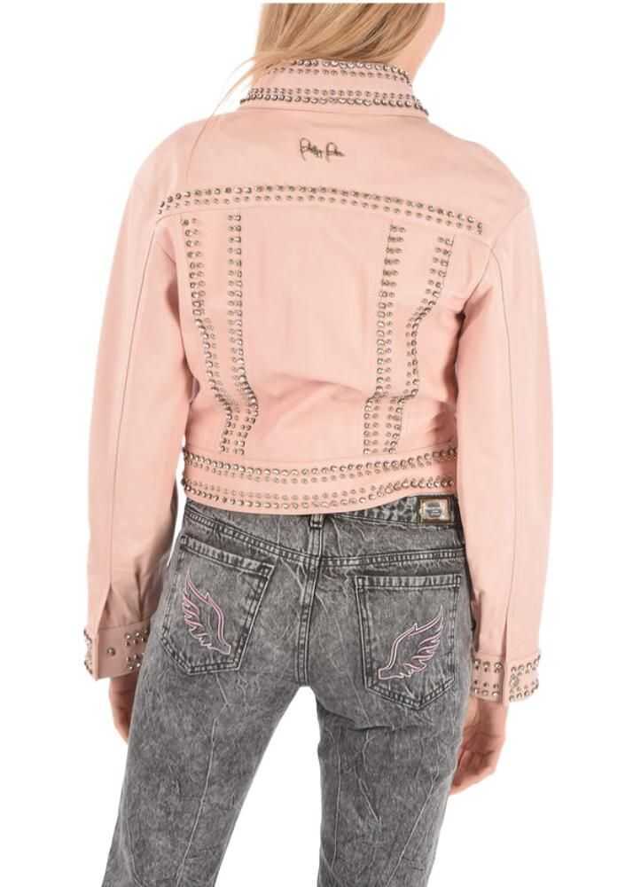 Bomber jacket Philipp Plein Couture Leather Bomber Jacket Crystal Embellished With Studs Pink Femei (BM 8906183) 2
