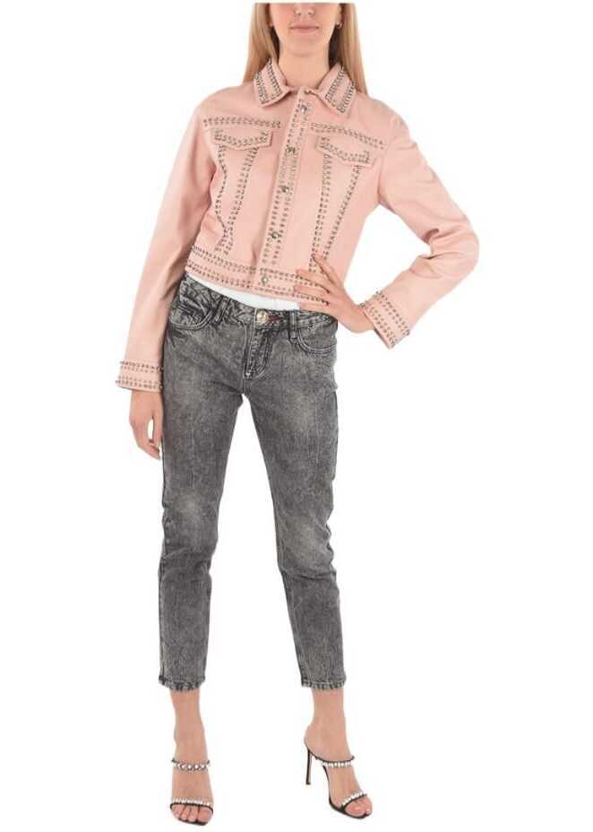 Bomber jacket Philipp Plein Couture Leather Bomber Jacket Crystal Embellished With Studs Pink Femei (BM 8906183) 4