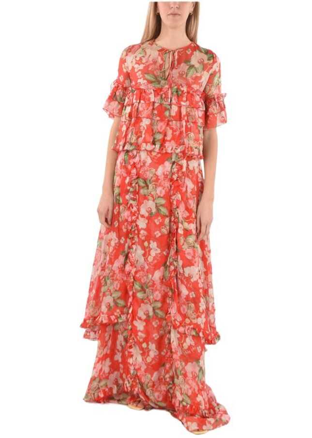 Philipp Plein Couture Est.1978 Floral Patterned Silk Ruffles Maxi Dress Red