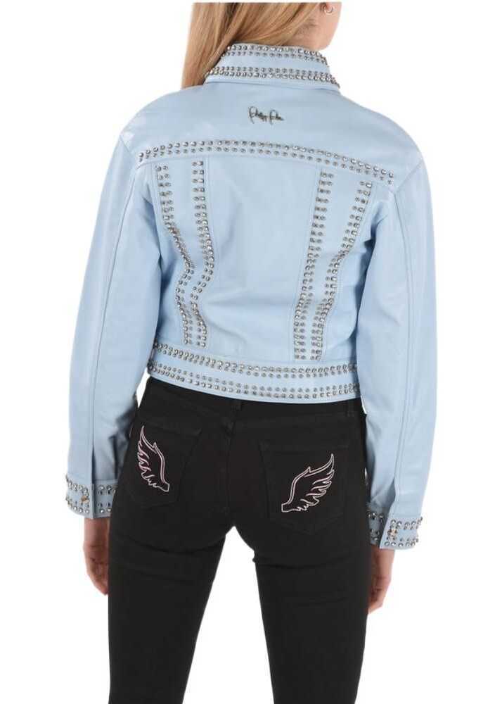 Bomber jacket Philipp Plein Couture Leather Bomber Jacket Crystal Embellished With Studs Light Blue Femei (BM 8907884) 2