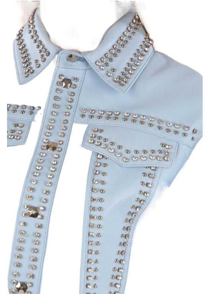 Bomber jacket Philipp Plein Couture Leather Bomber Jacket Crystal Embellished With Studs Light Blue Femei (BM 8907884) 3