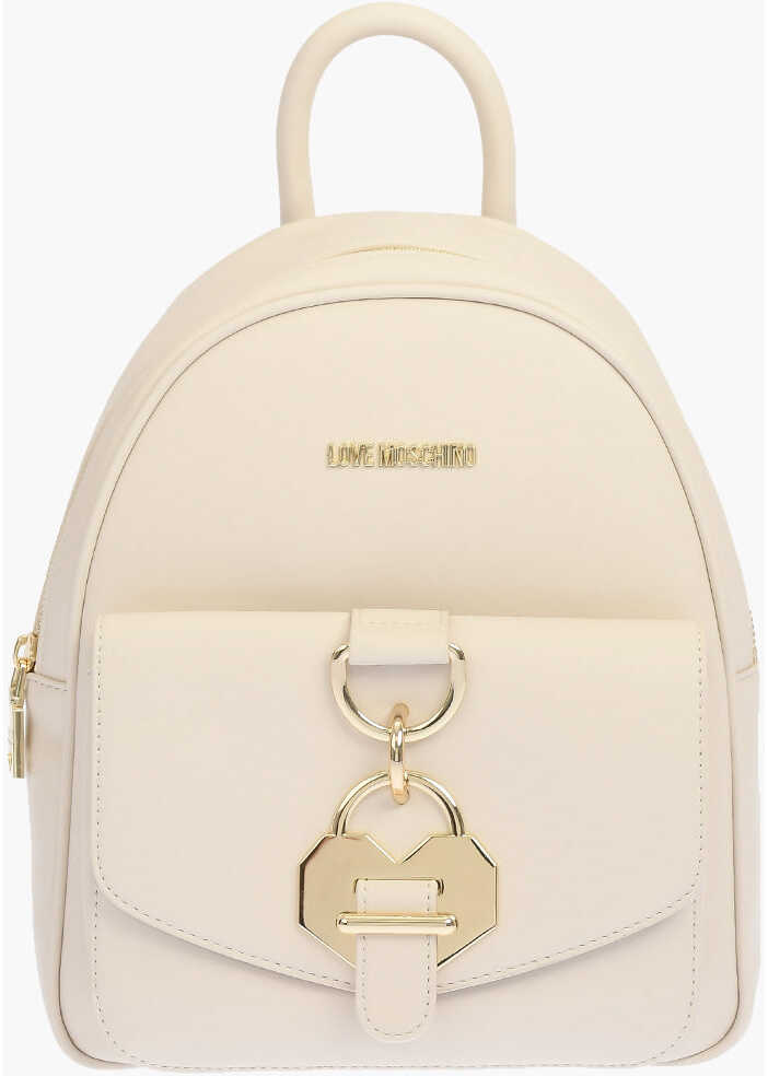 Moschino Love Solid Color Faux Leather Backpack With Golden Details Beige b-mall.ro