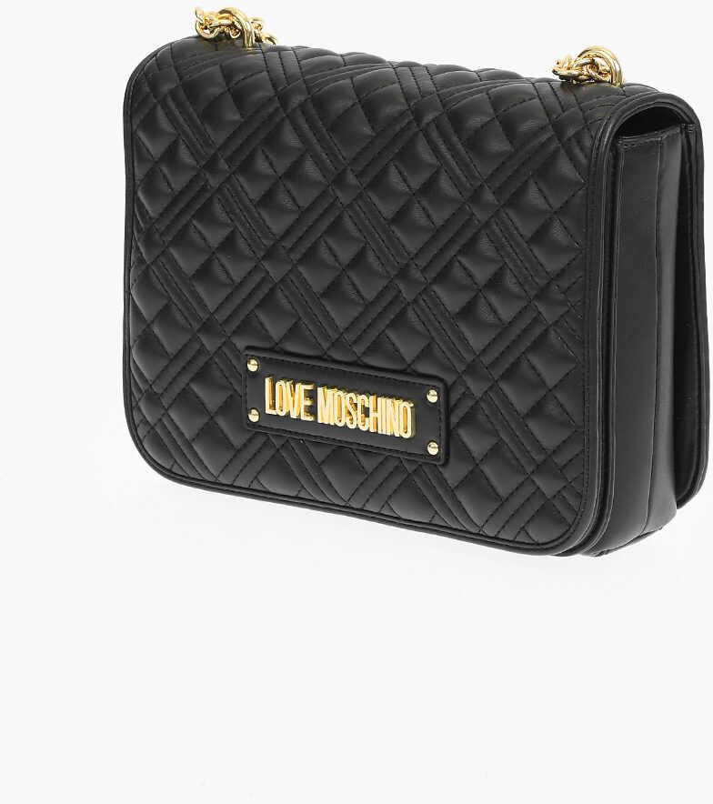 Moschino Love Quilted Faux Leather Flap Bag With Chain Handle Black b-mall.ro
