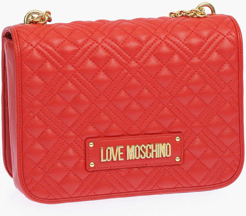 Moschino Love Quilted Faux Leather Flap Bag With Chain Handle Red b-mall.ro